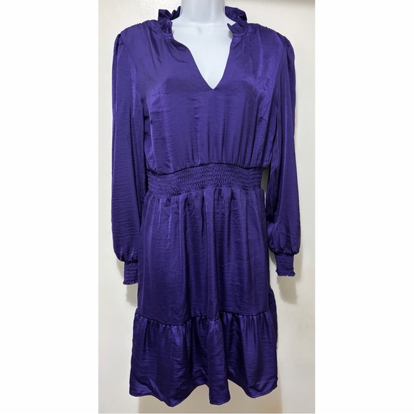 Lucky Brand Purple Satin Smocked Waist Tiered Mini Dress Medium NWT - Picture 3 of 8